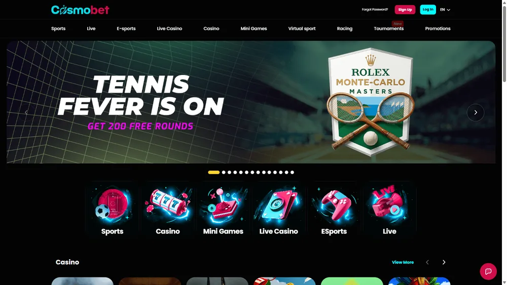 Cosmobet Casino Homepage und Benutzeroberfläche