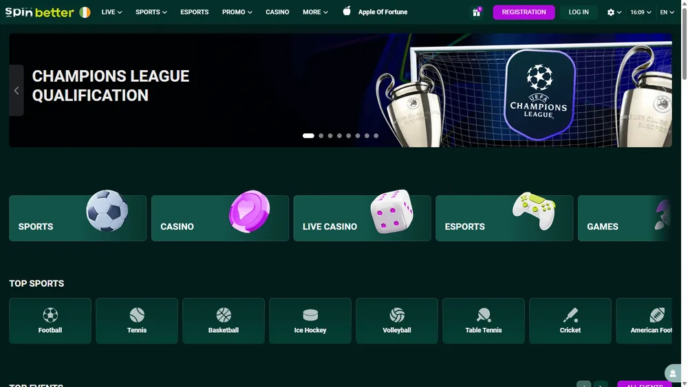SpinBetter Casino Startseite und Plattform