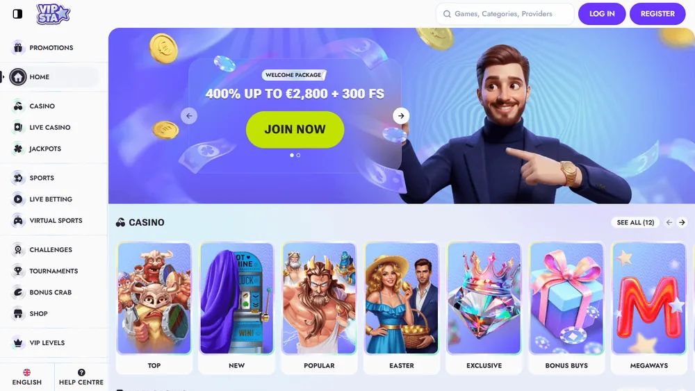 VipSta Casino Homepage und Design